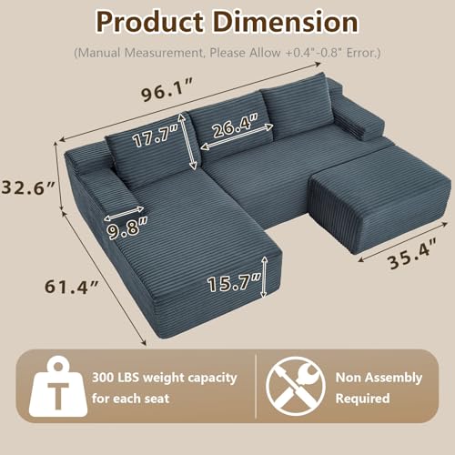 Image of 96 inch U-Shape Cloud Couch, Modern Modular Sectional L-Shape Sofa with Ottoman, Corduroy Upholstered Couches Deep Seat Sleeper Chaise Longue for Living Room, No Assembly Required(Dark Gray, Left Facing)