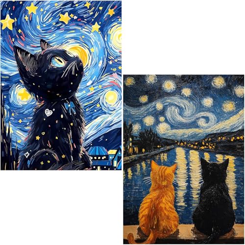 Chailotey Cat Diamond Art Painting Kits for Adults 2 Pack Starry Night 5d Diamond Painting for Beginners Full Drill Round Diamond Art Crafts with Animal for Home Wall Decor 12 x 16 Inch