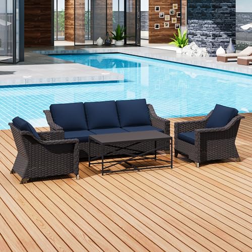 Image of 4 Pieces Outdoor Conversation Furniture Set - 77 inch Patio Sofa, 2 Wicker Armchairs, 1 Metal Coffee Table, Patio Wicker Furniture Set with Water-Resistant Cushions for Sunroom (Navy Blue) | Patio Chair Set with Olefin Removable Cushion, All-Weather Outdoor Couch with Deep Seat for Porch, Deck and Backyard, Blue