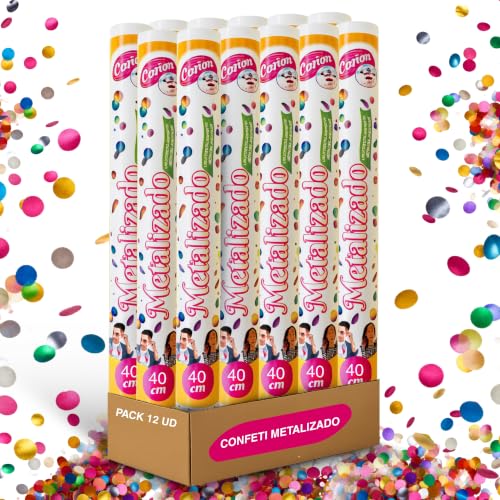 Cañón Confeti Boda, Cañón para fiestas y eventos, Fáciles y Seguros de Usar, Apto para bodas, eventos, celebraciones, Uso interior y Exterior, Diseño Metalizado Multicolor, 40 cm, Pack de 12 unidades