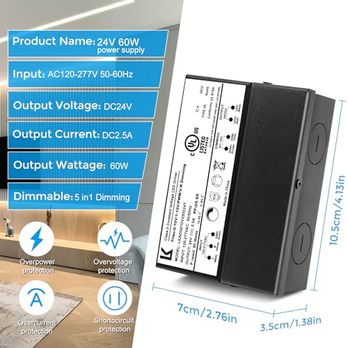 Image of 24V 60W Dimmable LED Driver, 5-in-1 Triac /ELV /MLV /0-10V /1-10V /PWM /V-R Dimming AC to DC Power Supply, IP67 Waterproof LED Transformer, UL Listed, Compatible with Lutron & Leviton Dimmer