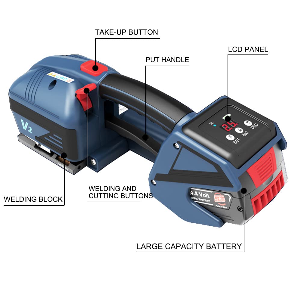 Cercleuse électrique portative avec 2 Batteries de 4,0 A, Largeur de Bande de 13 à 16 mm d'épaisseur, pour emballages en Bois, Produits Chimiques et métalliques