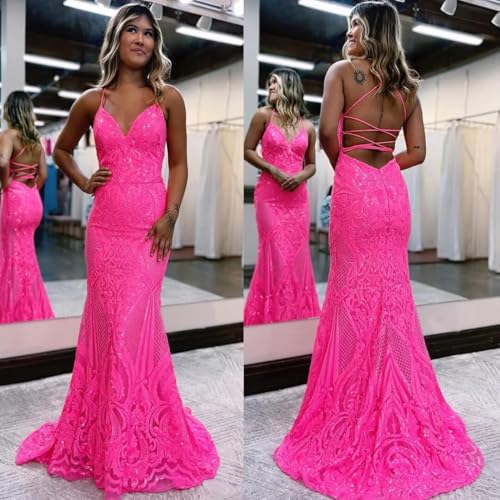 Long Sequin V Neck Prom Dresses 2025 Spaghetti Straps Mermaid Formal Party Evening Gowns for Women2