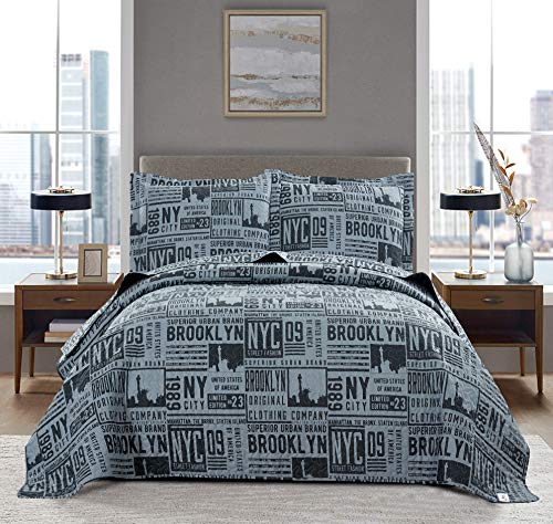 3-Piece Retro Style Reversible Quilted Bedspread King with Pillowcases,Newspaper New York Brooklyn with Sketchy of Liberty and Texts, Soft Breathable Quilt Bedding Set for All Seasons(Dim Gray,King)
