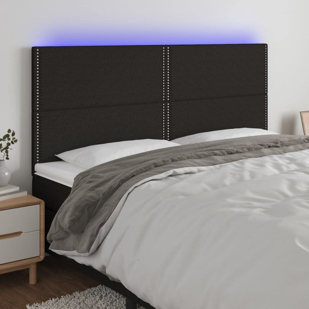 Zagłówek do łóżka z LED, czarny, 160x5x118/128 cm, tkanina - regulowany zagłówek z taśmą LED do cięcia, zapewniający podparcie pleców podczas czytania, instrukcją montażu,