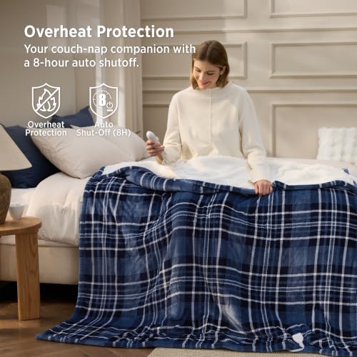 Image of Bedsure Blue Plaid Electric Blanket Twin, Flannel Sherpa Heated Blanket