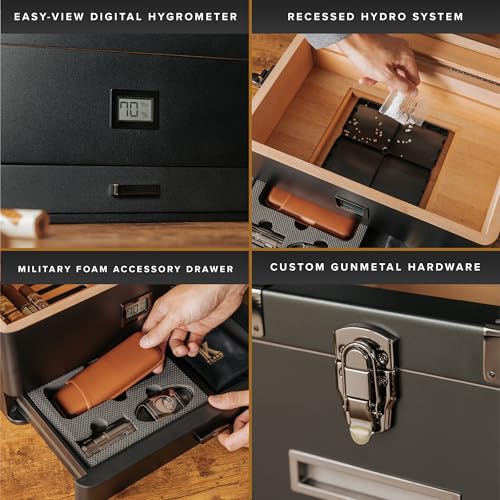 Military Glass Top Humidor, Black Edition, Digital Hygrometer, Spanish Cedar, Humidor Solution, Hydro System, and Accessory Drawer, Holds (70-100 Cigars) by Klaro, Includes Smart Valet by CASE ELEGANCE - Image 6