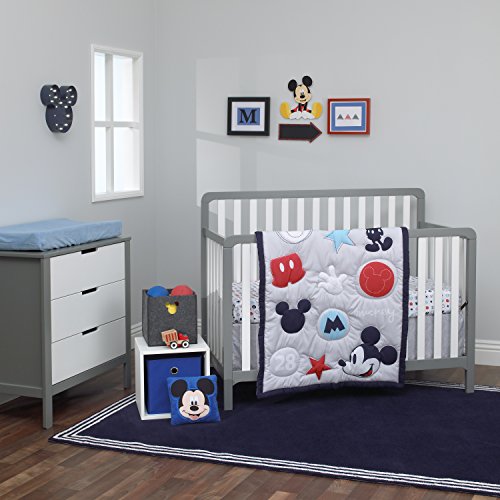 Image of Disney Amazing Mickey Mouse 3 Piece Nursery Crib Bedding Set, Grey, Navy, Red, Blue