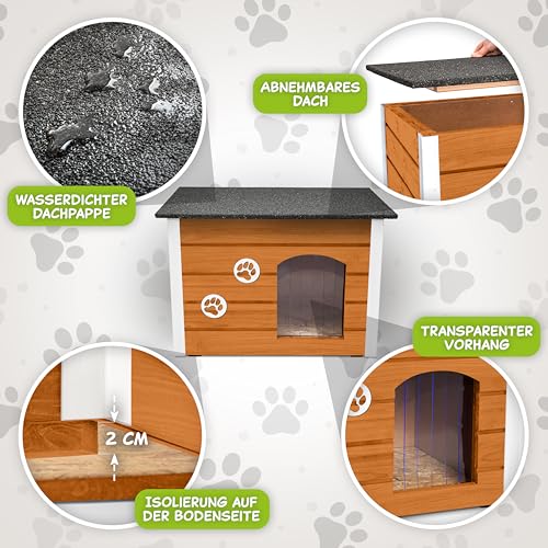 Outentin Hundehütte Outdoor Winterfest - Hundehaus für Mittelgroße Hund - Isoliert und Wetterfest - Hunde Haus für Draußen mit zum Öffnen Flachdach - Stabile und Moderne Villa - 76 x 60 x 60cm -Eiche
