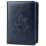GDTK Leather Passport Holder Cover RFID Blocking Travel Wallet (Dark Blue)