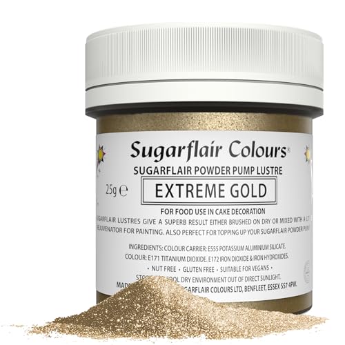 Sugarflair Extreme Gold Edible Glitter Dust Powder Pump Refill Tub - Food Colouring Powder Edible Colour Dust Brush On Spray or Add Rejuvenator to Create Eye-Catching Paint Effect - 25g