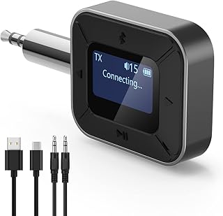 Bluetooth Transmitter Receiver 2-in-1 Bluetooth Car Adapter with 3.5mm Aux Dual Devices Link Rechargeable Handsfree Calls, Wireless Audio Transmitter for TV Car Headphone Airplane Home Stereo
