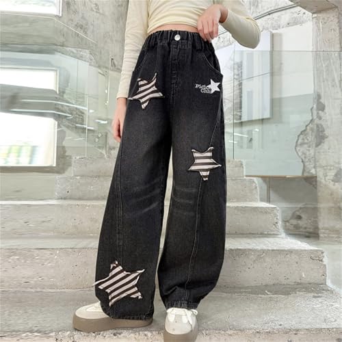 Boys Girls 𝗩intage Jeans Elastic Waist Star Applique Baggy Trousers Wide Leg Casual Denim Pants with Pocket2