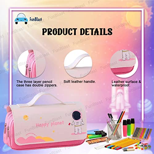 Image of FunBlast Multi-Purpose Pouch - Double Compartment Large Capacity Pouch - Happy Planet Zipper Pencil Case for Kids, Pencil Box for Kids, Stationary Pouch for Students School Supplies (Pink)