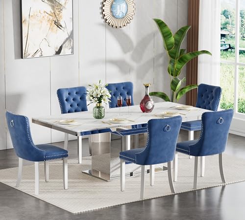 Image of 94 inch Faux Marble Extendable Dining Table Set for 6,Mirrored U Base | 63 inch-94 inch White Marble Expandable Kitchen Table Set with 6 Velvet Chairs,Modern Large Dining Set for 6 Dining Room Gathering
