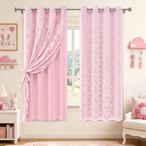 Image of Yinhua Pink Blackout Curtains Double Layer Curtains for Bedroom 63 Inch Length Nursery Curtain for Living Room, Grommet Drapes with Tiebacks, 2 Panels, 52 inch W x 63 inch L