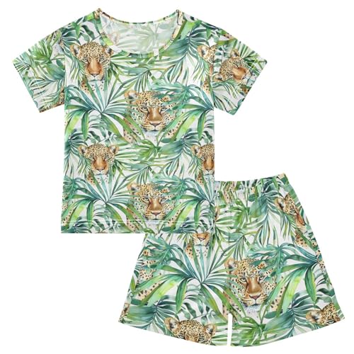 ALAZA Watercolor Tropical Palm Leaves Leopard Pajamas Short Sleeve 2 Piece Sleepwear Top and Bottom Pajama Set Unisex