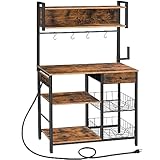 HOOBRO Bakers Rack with 4 AC Power Outlets, 5-Tier Coffee Bar with Wire Basket, Microwave Stand with Paper Holder and Drawer, Kitchen Storage Shelf, Rustic Brown and Black BF84UHB01