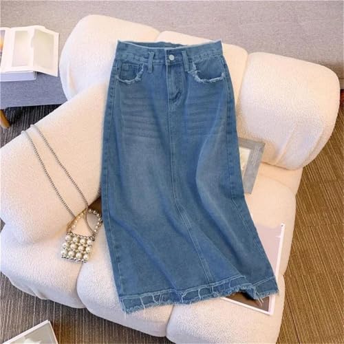 Vintage Fringe High Waisted Denim Skirt Women's Medium-Lengtha- Line Long Skirt2
