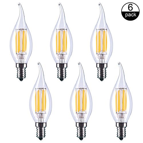 6W C35 A LED Filament Bulb,Dimmable E12 2700K LED Light Bulbs,Led Bulbs, 60 Watt Incandescent Candle Bulbs Replacement,C37 2700K Warm White Bulbs,E12 C35-A LED Bulbs, 6 Pack