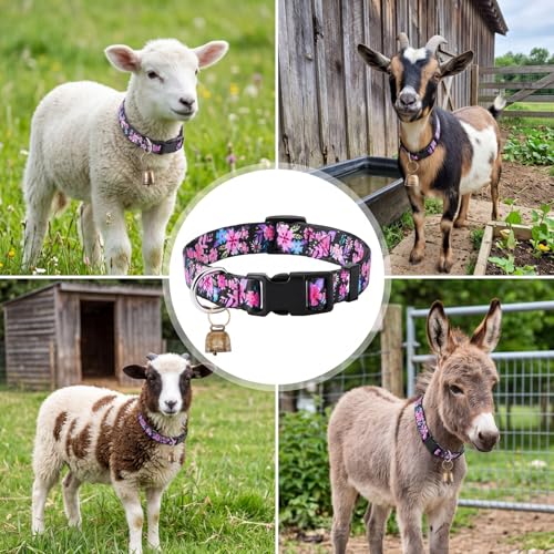 Image of Goat Collar with Bell, Sheep Grazing Copper Bells and Adjustable Nylon Collar Set Loud Bronze Bell for Summer Small Farm Animal Sheep Cow Dog Accessories Gift(Flower)