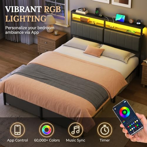 Queen Bed Frame with Storage Drawers and Charging Station, Grey - Image 5