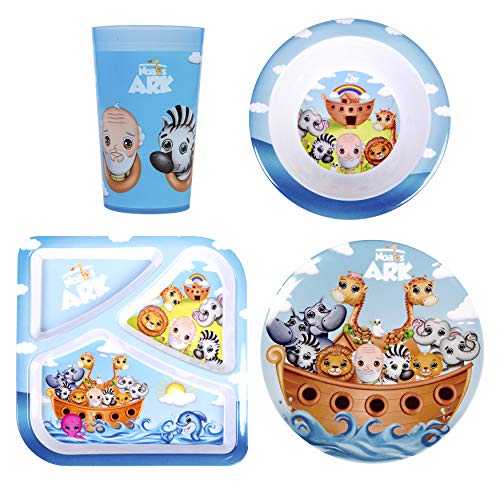 He Loves Me Kids Feeding Gifts Set Noah's Ark 4 Piece Sets Toddler Dishes Multicolor, BPA Free, Kids Dinnerware Sets Includes Divided Plate, Round Bowl, Round Plate and Children’s Tumbler Cup