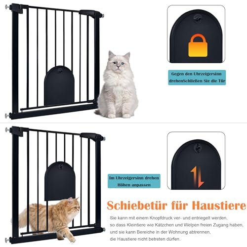 Aufun Treppenschutzgitter Türschutzgitter Kinder ohne Bohren, für 75-85 cm breit, Türgitter mit Druckbefestigung, selbstschließend, Metall Gitter, Hundesicherheitsgitter mit Katzenklappe (Schwarz)