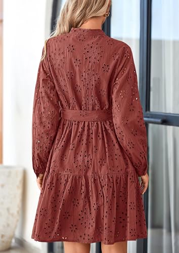 Image of PRETTYGARDEN Women's Long Sleeve Spring Dress 2025 Casual Fall V Neck A Line Hollow Out Eyelet Wedding Guest Short Dresses