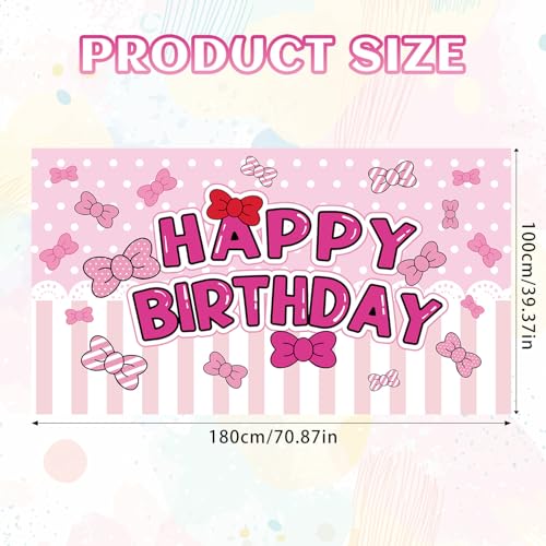 Cartoon Pink Birthday Backdrop, Cute Bow Happy Birthday Banner Backdrop Sweet Anime Themed Party Favors and Decoration Supplies for Kids Girls