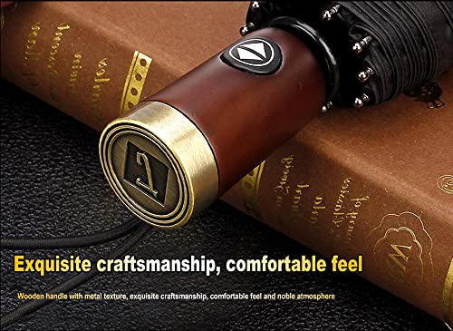 Lilyxin Premium Automatic Compact Umbrella Windproof - Wooden Handle Large Travel Umbrella Folding - Portable Black Rain Umbrella Auto - Premium Mens Umbrella (Black) #TOP1