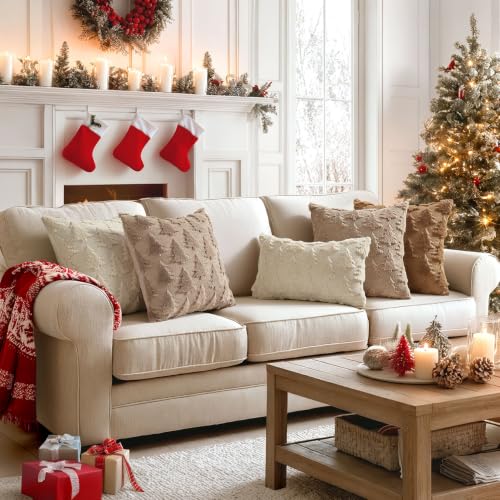 Image of MIULEE Christmas Throw Pillow Covers Light Brown Christmas Decorations Set of 2 Xmas Tree 18x18 Pillow Covers Soft Plush Faux Wool Pillowcases Holiday Festivals Winter Home Decor Sofa Couch Bed Porch
