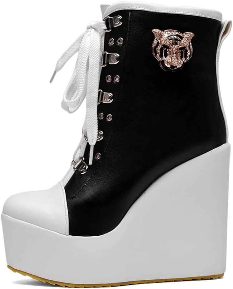 Women's Round Toe Wedge Platform Dress Ankle Boots Lace Up Chunky High Heels Dressy Short Booties