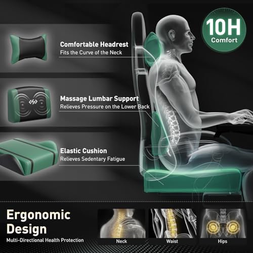 HLDIRECT Gaming Chair, Video Game Chair with Pocket Spring Cushion, Ergonomic Computer Chair for Adults with Headrest and Massage Lumbar Support, Swivel PU Leather Office Chair(Black&Green) - Image 5