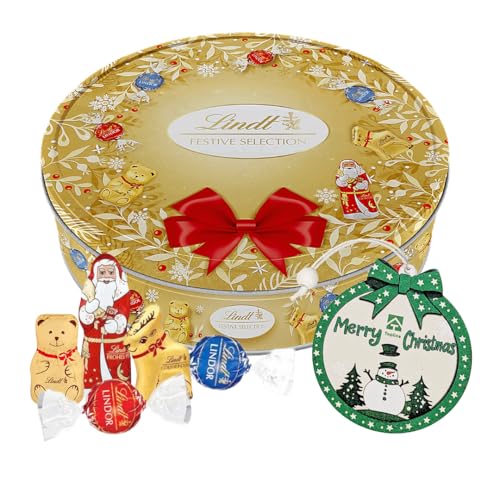 Festive Lindt Chocolate Gifts for Couples - Golden Wreath Festive Selection of Chocolate Truffles Tin Gift 400g with Christmas Tree Decoration. Christmas Gifts for Women, Stocking Fillers