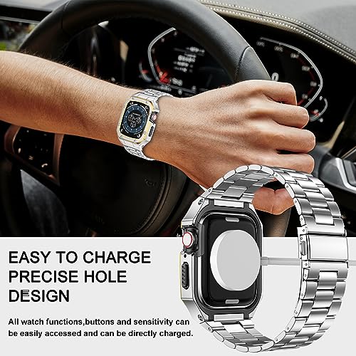 Image of BAITEYOU Stainless Steel Band with Case Compatible with Apple Watch Series SE 3 2 1 /6 5 4 (44mm), Series 3 2 1 (42mm), Metal Protective Bumper Rugged Cover for iWatch Bands Men (Silver /Gold)