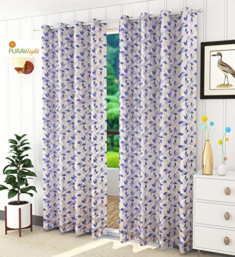 Image of Purav Light Leaf and Texture Pattern Jacquard Jute Room Darkening Curtains for Door Living Room Bedroom, 9 Feet Long, Blue, Set of 3 Pieces