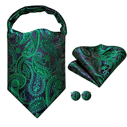 Image of Hi-Tie Ascot Lapel Pin Set Mens Cravat Ties for men Wedding Scarf Tie Party Business Formal Tuxedo,Black Green Paisley