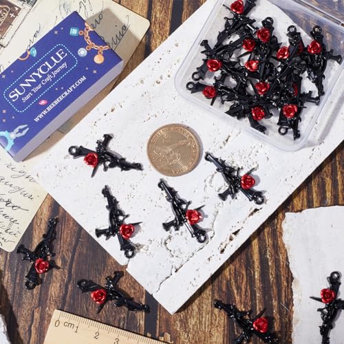 SUNNYCLUE 30pcs Rose Cross Gothic Style Black Crosses Red Rose Flower Beads Crucifix Charms for Jewellery Making DIY Earrings Necklace Supplies - Image 3