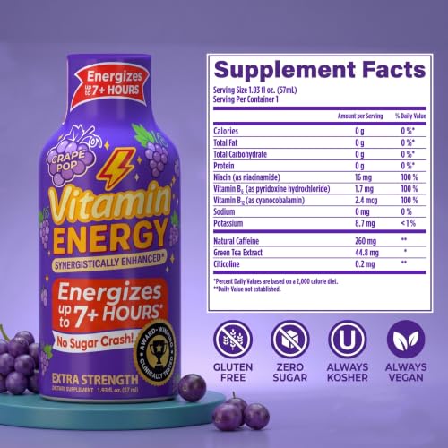 Image of Vitamin Energy Grape Pop Extra Strength Energy Shot, 10 Pack - Up to 7 Hrs, 260mg Natural Caffeine, Zero Sugar - Green Tea Extract, Immune Support, B12 B6 Niacin, 1.93 fl oz, Keto Vegan