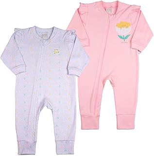 Macacao Bebe Suedine Menina Ziper Estampado e Liso Kit Macacão Suedine Algodao Bolinhas e Flor 2 Pc - Rosa