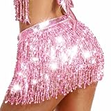 BODIY Sparkly Sequin Skirt Fringe Hip Scarf Pink Tassel Belly Dance Skirts for Women
