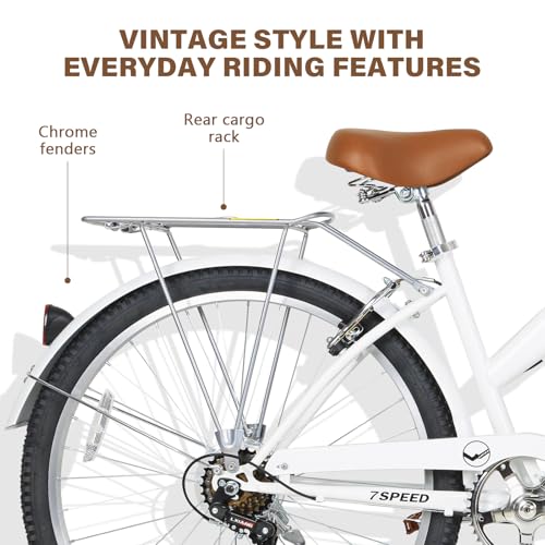Image of WEIZE Beach Cruiser Bike, 26 inch Commuter Bicycle for Adult Men and Women, 7-Speed /High-Carbon Steel /Front & Rear Fenders, Comfortable City Bikes with Rear Rack&Basket, Ergonomic Upright Design,White
