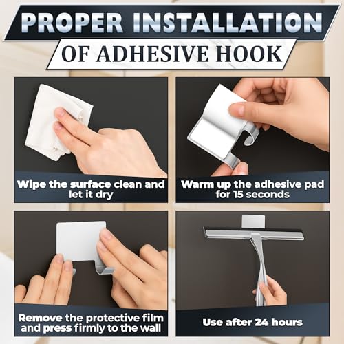Image of Shower Door Squeegee with Hook - 10 inch Silicone Blade, Stainless Steel Squeegee for Shower Glass with Adhesive Mount - All-Purpose Bathroom Tile, Mirror, & Window Wiper for Streak-Free Cleaning (Silver)
