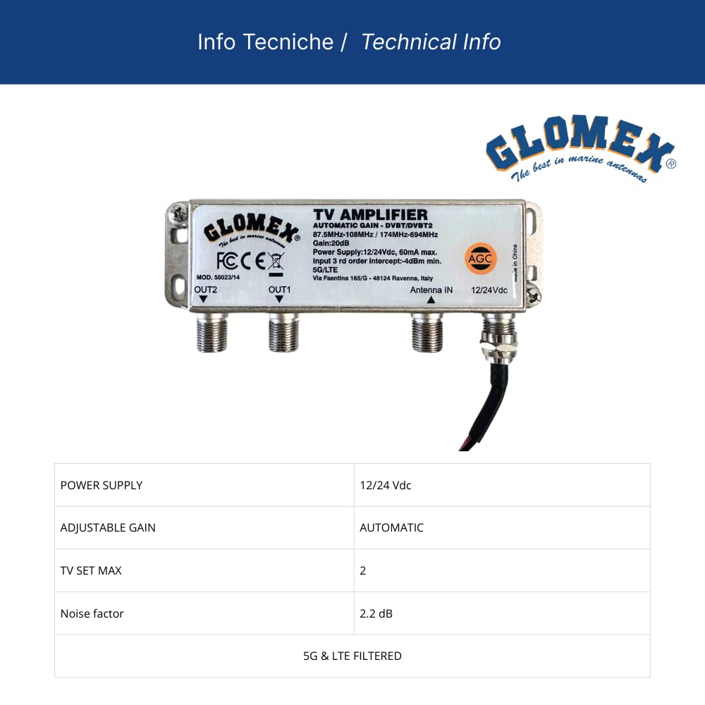 Glomex – Amplificatore TV/FM con Controllo Guadagno Automatico (AGC) 12/24Vdc, Modello 50023/14 – 2 Uscite, per Antenne TV Non Pre-Amplificate, Per barche a vela, motore, gommoni, yacht