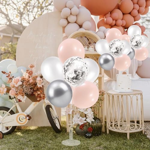 Image of ZJDHPTY 4Set Silver Pink Balloon Stand Girl Baby Shower Decorations | Table Balloon Centerpiece for Girls 1st Sweet 16 Birthday Bridal Shower Engagement Wedding Bachelorette Party Decor