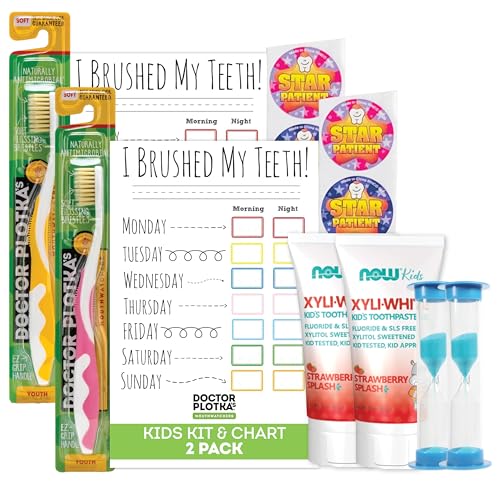 MOUTHWATCHERS Soft Kids Toothbrush, 2 Manual Flossing Toothbrushes and 2 Strawberry Fluoride Free Toothpastes, 3 oz, Gift Set, by Dr. Plotka's
