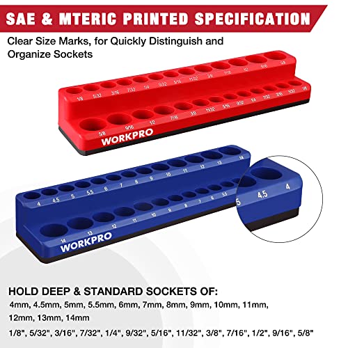 Workpro 1/4-Inch Magnetic Socket Organizer Set, 2-Piece Sae & Metric Socket Holders, Holds 52 Standard And Deep Sockets For Tool Box, Tool Carts (Sockets Not Included) #TOP2
