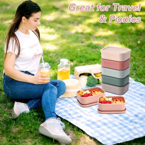 Image of Honeydak 6 Pcs Bright Silicone Bento Boxes, 3 Compartment Lunch Boxes