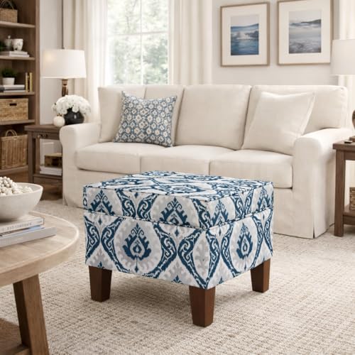 Image of HomePop 22 inch Modern Rectangular Storage Ottoman - Blue Ikat Medallion Print